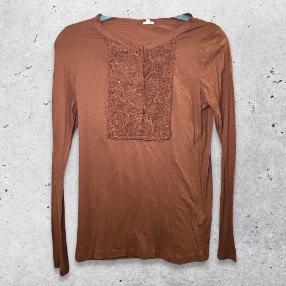 J.Crew Blouse Long Sleeve Scoop Neckline Lace Front Panel Soft‎ Rust Brown Small
